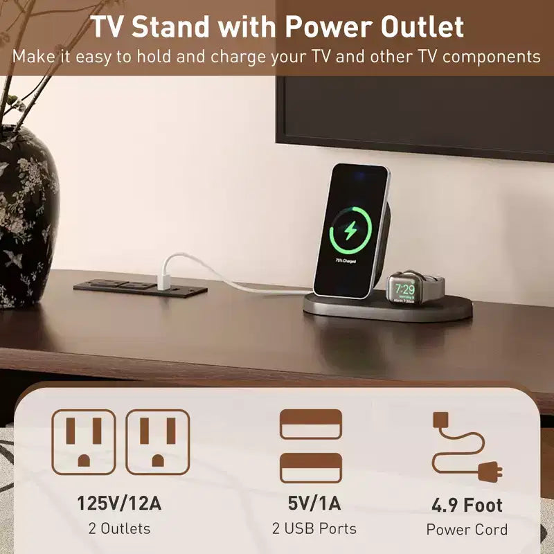 Mobile TV moderno di metà secolo da 70 pollici con cassetti a saracinesca e prese integrate, adatto a TV fino a 80 pollici, Marrone Scuro