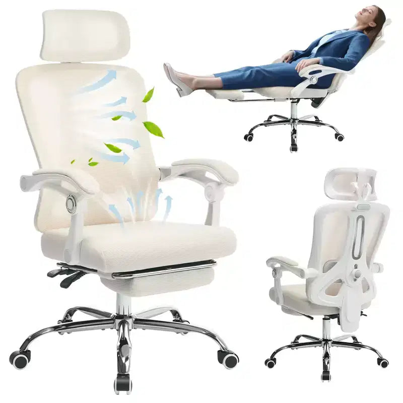 Sedia reclinabile ergonomica in mesh con poggiapiedi, supporto lombare e poggiatesta regolabili, per ufficio, casa, sala giochi