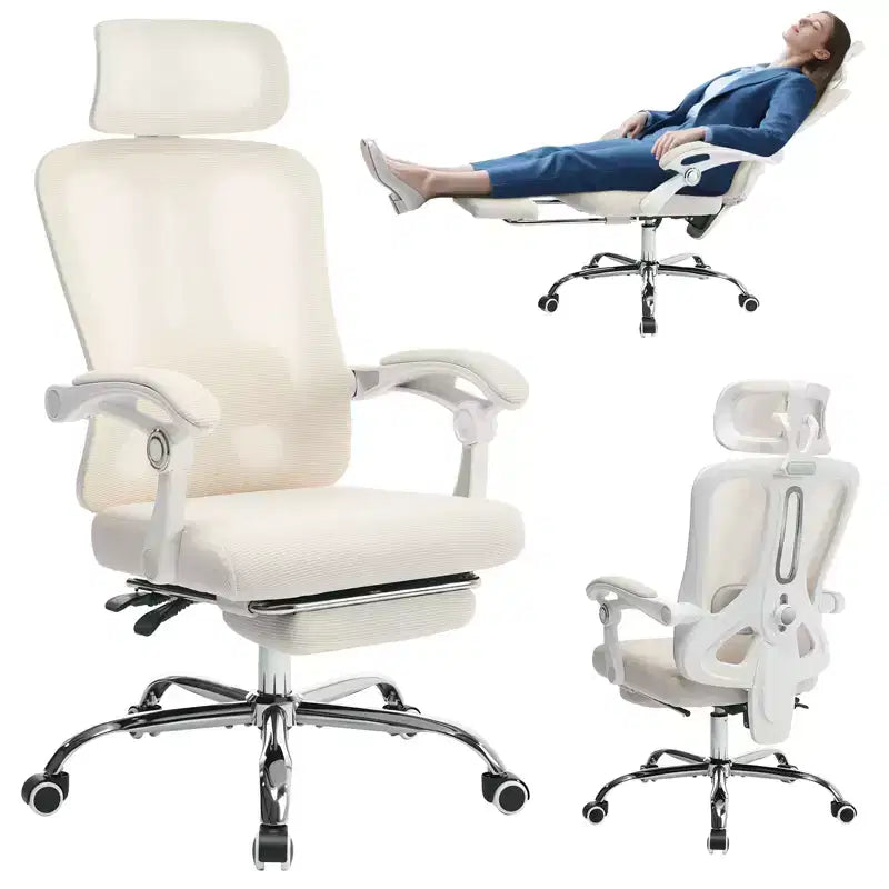 Sedia reclinabile ergonomica in mesh con poggiapiedi, supporto lombare e poggiatesta regolabili, per ufficio, casa, sala giochi