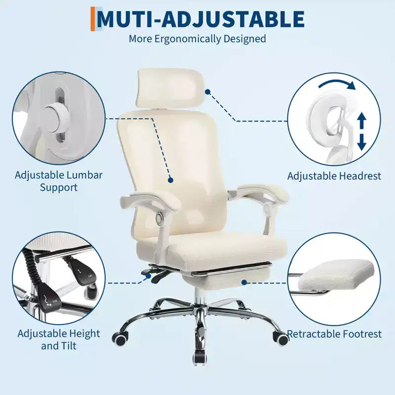 Sedia reclinabile ergonomica in mesh con poggiapiedi, supporto lombare e poggiatesta regolabili, per ufficio, casa, sala giochi