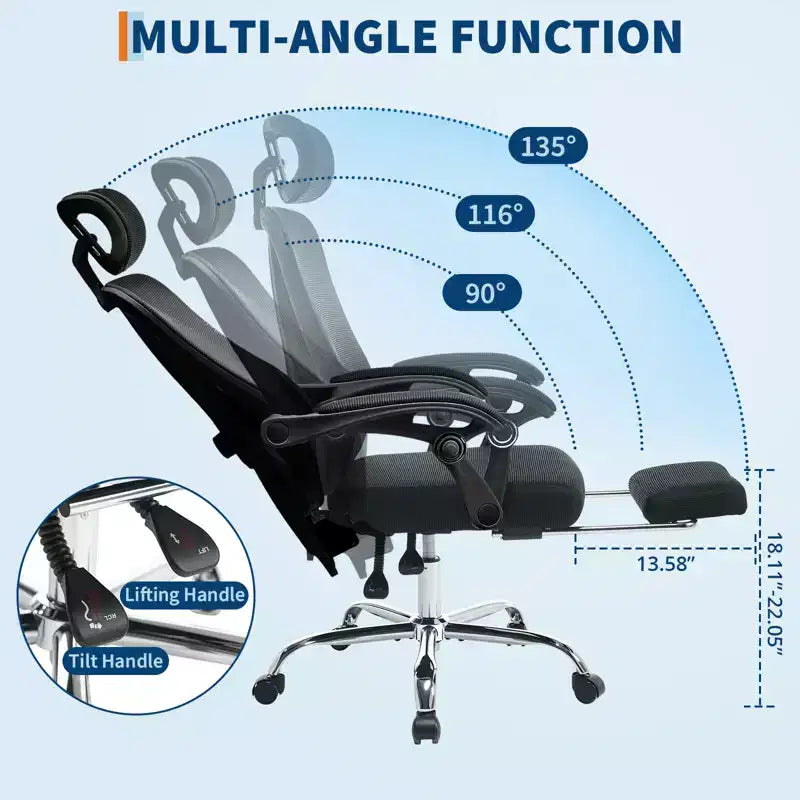 Sedia reclinabile ergonomica in mesh con poggiapiedi, supporto lombare e poggiatesta regolabili, per ufficio, casa, sala giochi