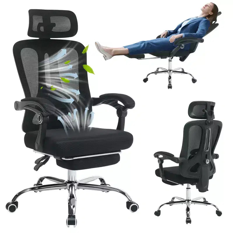 Sedia reclinabile ergonomica in mesh con poggiapiedi, supporto lombare e poggiatesta regolabili, per ufficio, casa, sala giochi