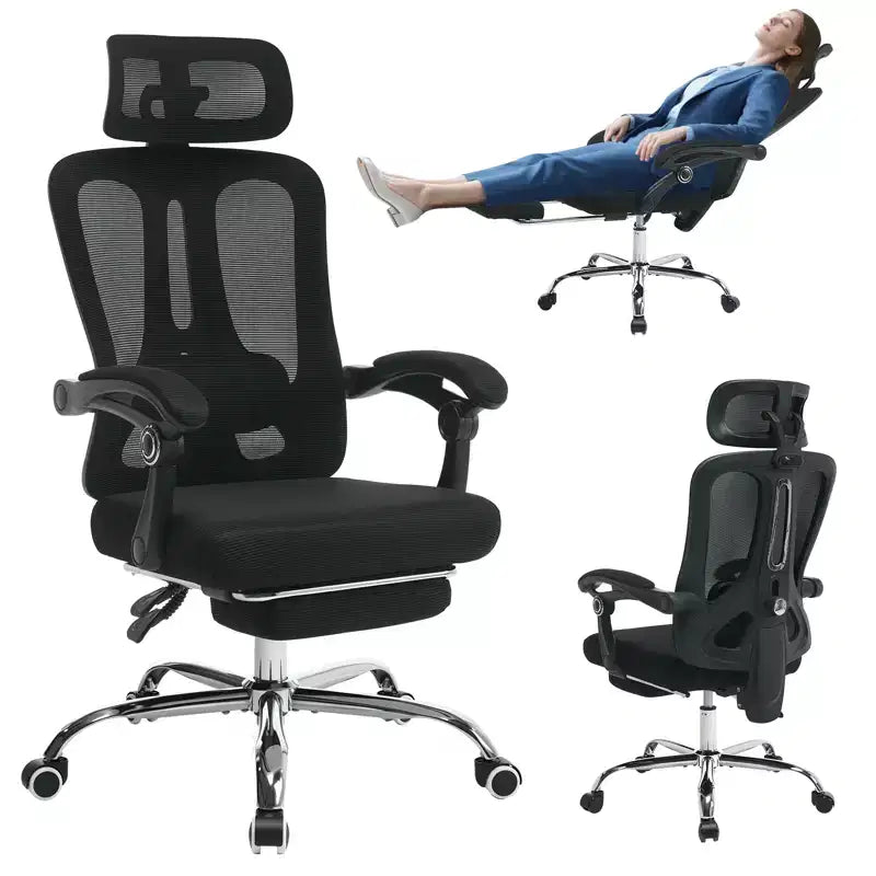 Sedia reclinabile ergonomica in mesh con poggiapiedi, supporto lombare e poggiatesta regolabili, per ufficio, casa, sala giochi