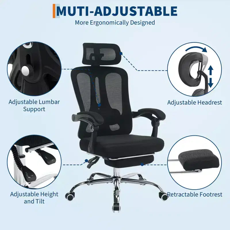 Sedia reclinabile ergonomica in mesh con poggiapiedi, supporto lombare e poggiatesta regolabili, per ufficio, casa, sala giochi