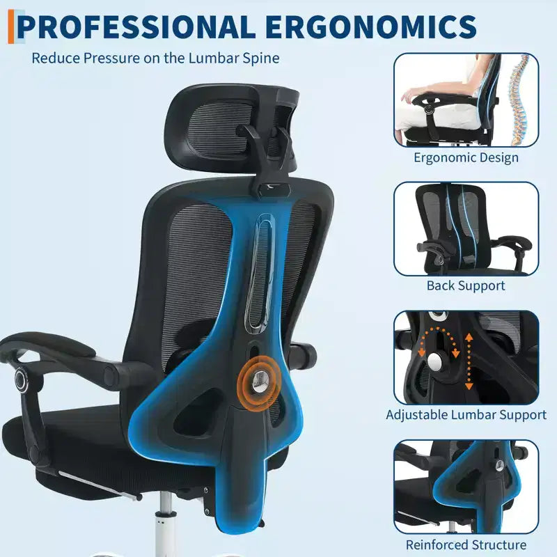 Sedia reclinabile ergonomica in mesh con poggiapiedi, supporto lombare e poggiatesta regolabili, per ufficio, casa, sala giochi