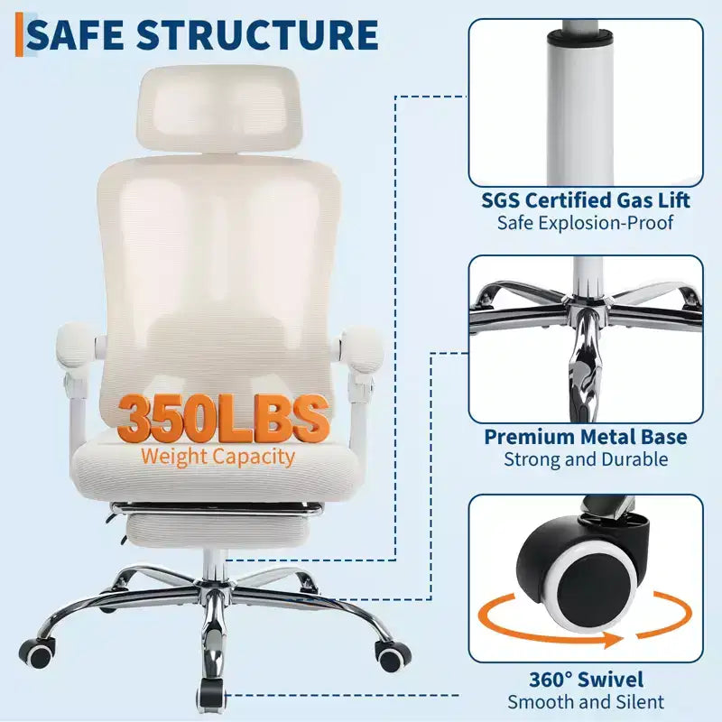 Sedia reclinabile ergonomica in mesh con poggiapiedi, supporto lombare e poggiatesta regolabili, per ufficio, casa, sala giochi