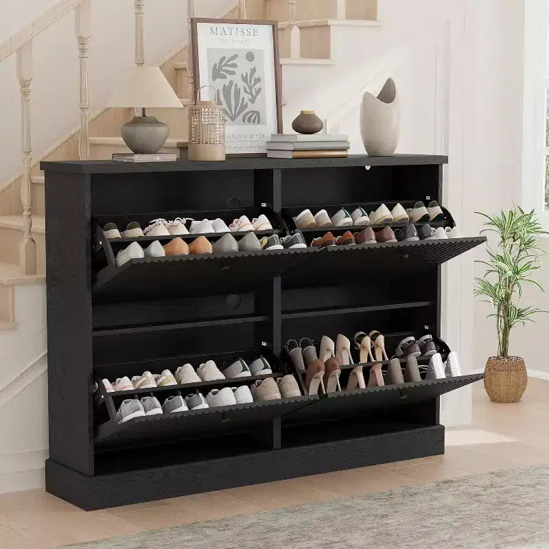 Scarpiera a 4 Ante con Design Scanalato, Ripiani Regolabili e Rimovibili, Mobile Organizzatore Salvaspazio per Scarpe e Piccoli Oggetti