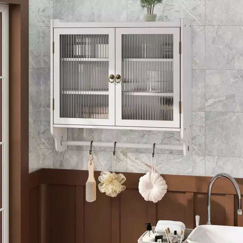 24.8 Mobiletto vintage da cucina e sala da pranzo con doppia anta in vetro, tre ripiani e portasciugamani per cucina e sala da pranzo, bianco