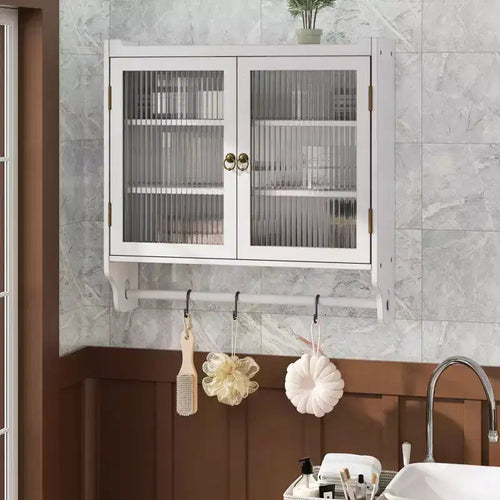 24.8 Mobiletto vintage da cucina e sala da pranzo con doppia anta in vetro, tre ripiani e portasciugamani per cucina e sala da pranzo, bianco
