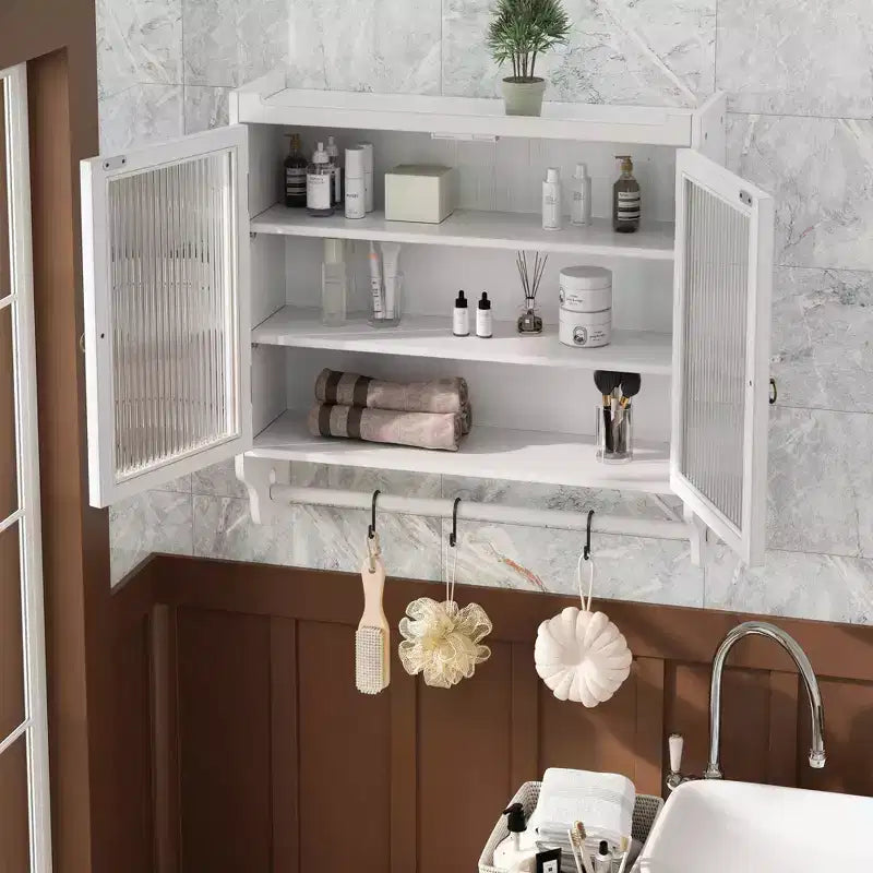 24.8 Mobiletto vintage da cucina e sala da pranzo con doppia anta in vetro, tre ripiani e portasciugamani per cucina e sala da pranzo, bianco