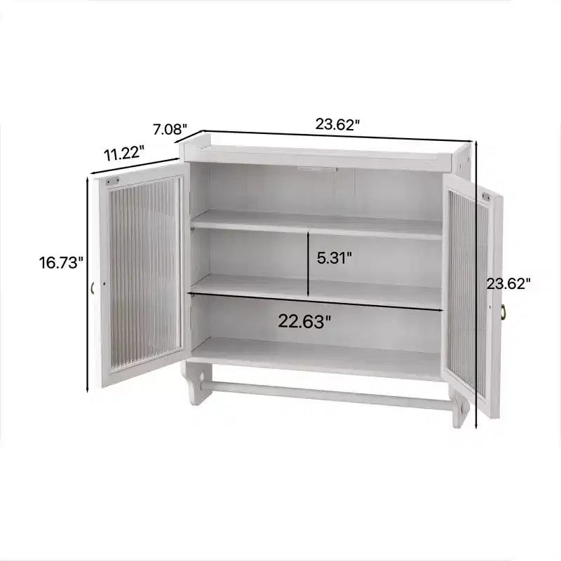 24.8 Mobiletto vintage da cucina e sala da pranzo con doppia anta in vetro, tre ripiani e portasciugamani per cucina e sala da pranzo, bianco