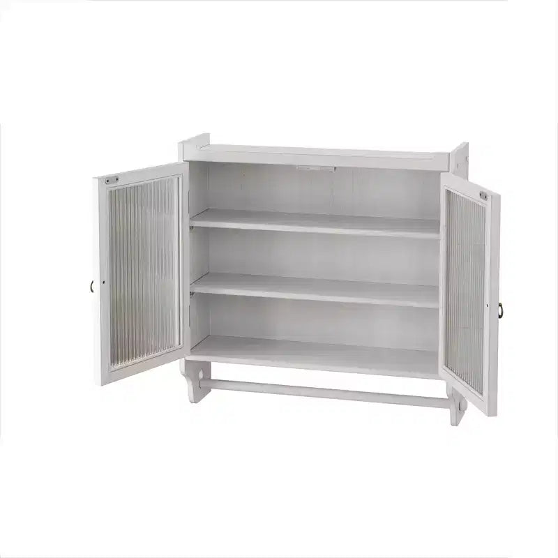 24.8 Mobiletto vintage da cucina e sala da pranzo con doppia anta in vetro, tre ripiani e portasciugamani per cucina e sala da pranzo, bianco