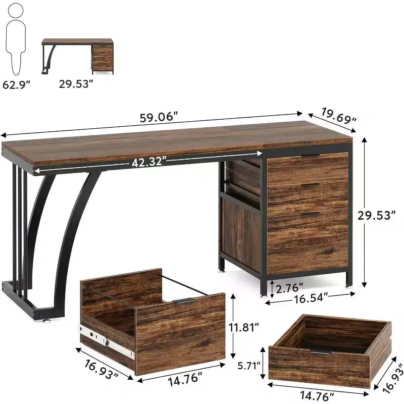 Scrivania da computer da 59 pollici con 3 cassetti, scrivania per PC con cassetti reversibili e contenitore per documenti per ufficio domestico, marrone rustico industriale