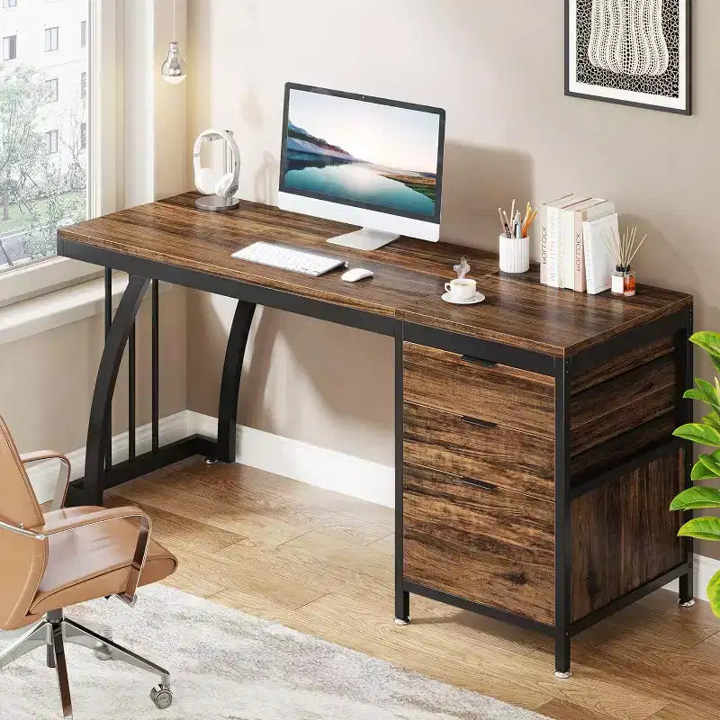 Scrivania da computer da 59 pollici con 3 cassetti, scrivania per PC con cassetti reversibili e contenitore per documenti per ufficio domestico, marrone rustico industriale