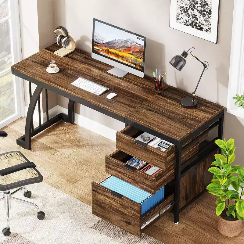 Scrivania da computer da 59 pollici con 3 cassetti, scrivania per PC con cassetti reversibili e contenitore per documenti per ufficio domestico, marrone rustico industriale