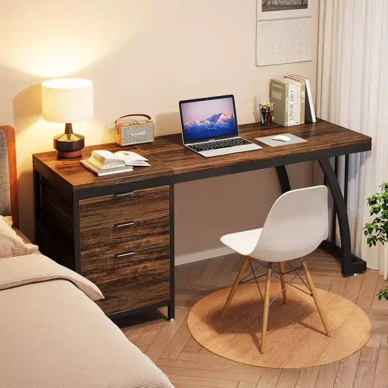 Scrivania da computer da 59 pollici con 3 cassetti, scrivania per PC con cassetti reversibili e contenitore per documenti per ufficio domestico, marrone rustico industriale