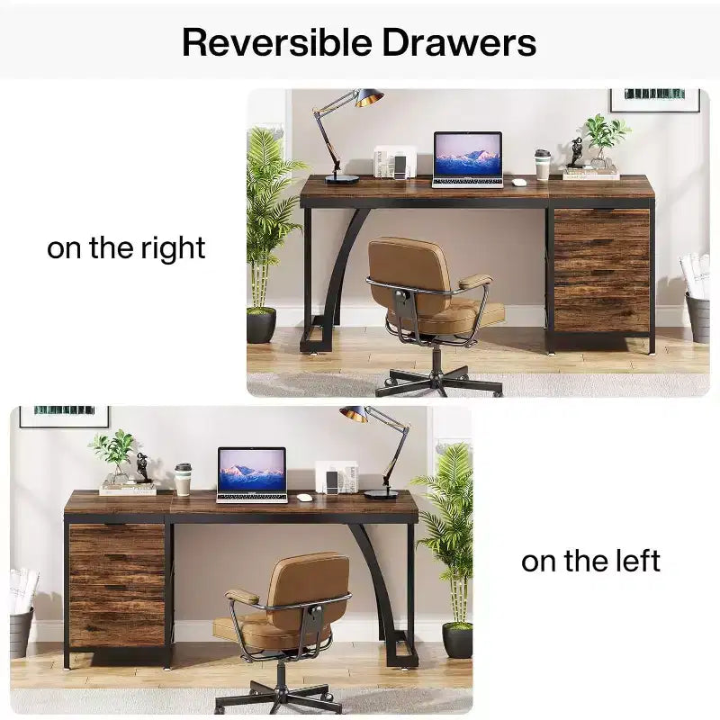 Scrivania da computer da 59 pollici con 3 cassetti, scrivania per PC con cassetti reversibili e contenitore per documenti per ufficio domestico, marrone rustico industriale