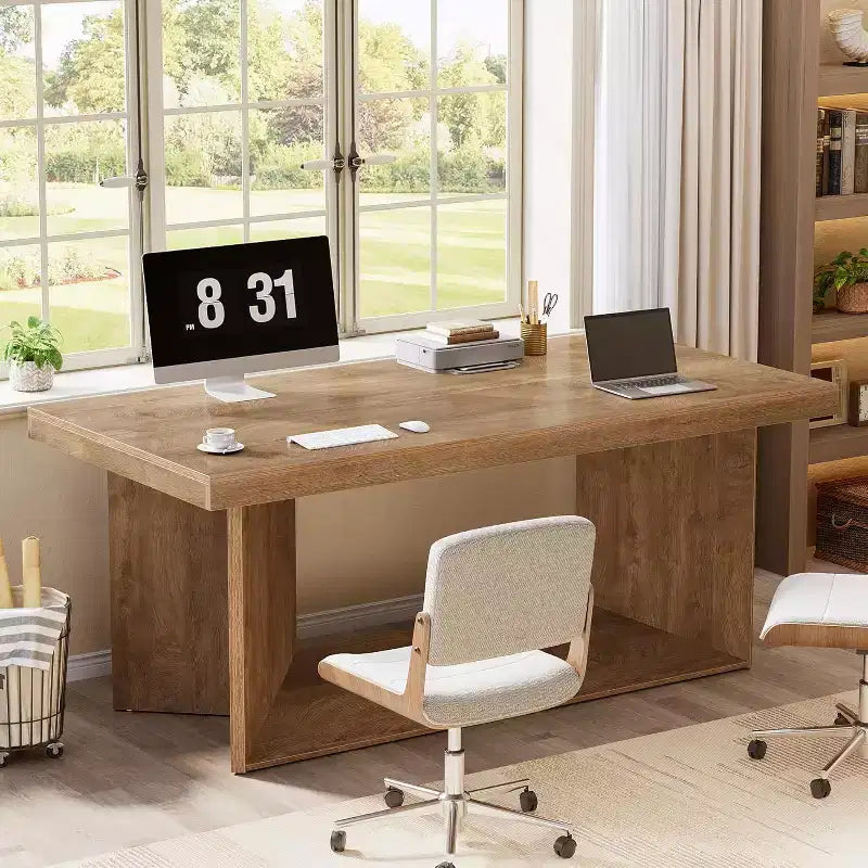 Scrivania direzionale da 63 pollici, grande scrivania per computer da ufficio con piedistallo resistente, postazione di lavoro in stile rustico per ufficio domestico, marrone rustico