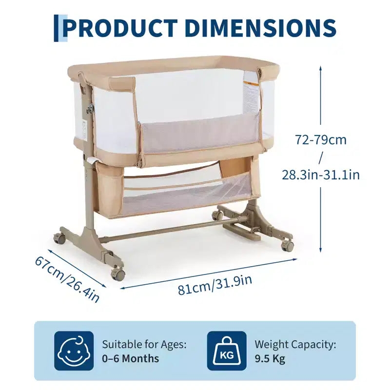 Culla da comodino, 3 in 1 Culla co-sleeping con zanzariera, Altezza regolabile, Ruote e Cesto portaoggetti