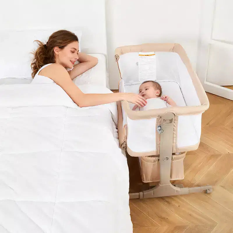 Culla da comodino, 3 in 1 Culla co-sleeping con zanzariera, Altezza regolabile, Ruote e Cesto portaoggetti