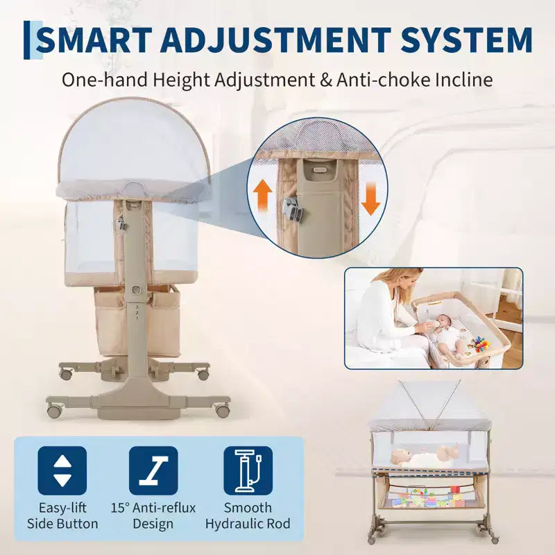 Culla da comodino, 3 in 1 Culla co-sleeping con zanzariera, Altezza regolabile, Ruote e Cesto portaoggetti