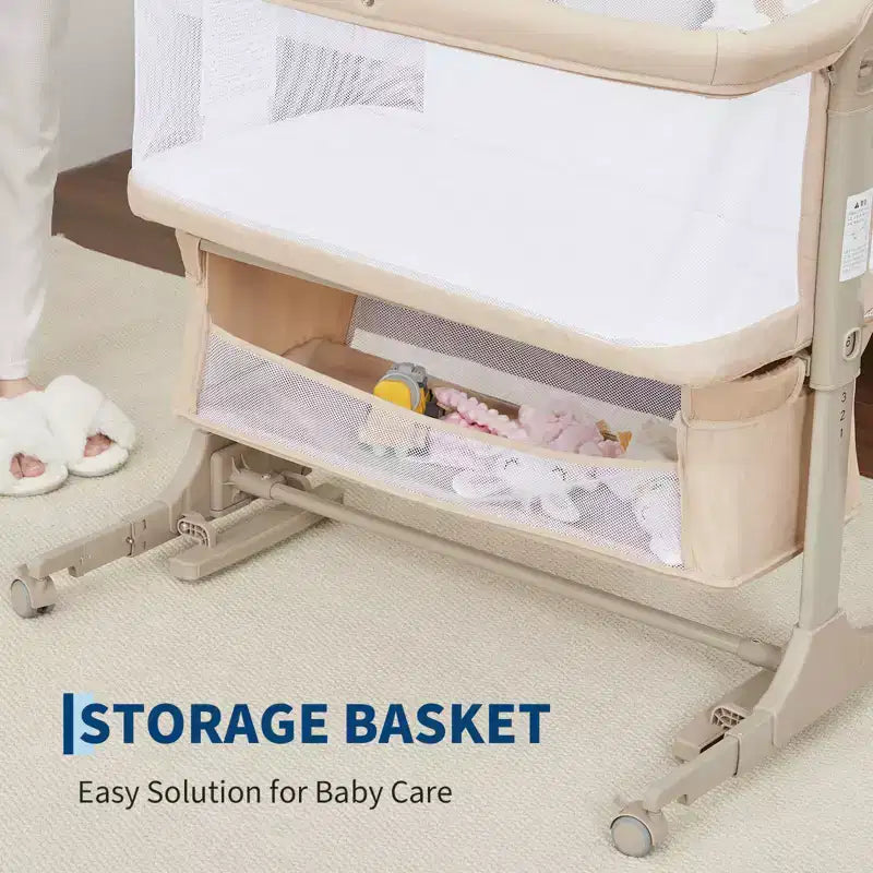Culla da comodino, 3 in 1 Culla co-sleeping con zanzariera, Altezza regolabile, Ruote e Cesto portaoggetti