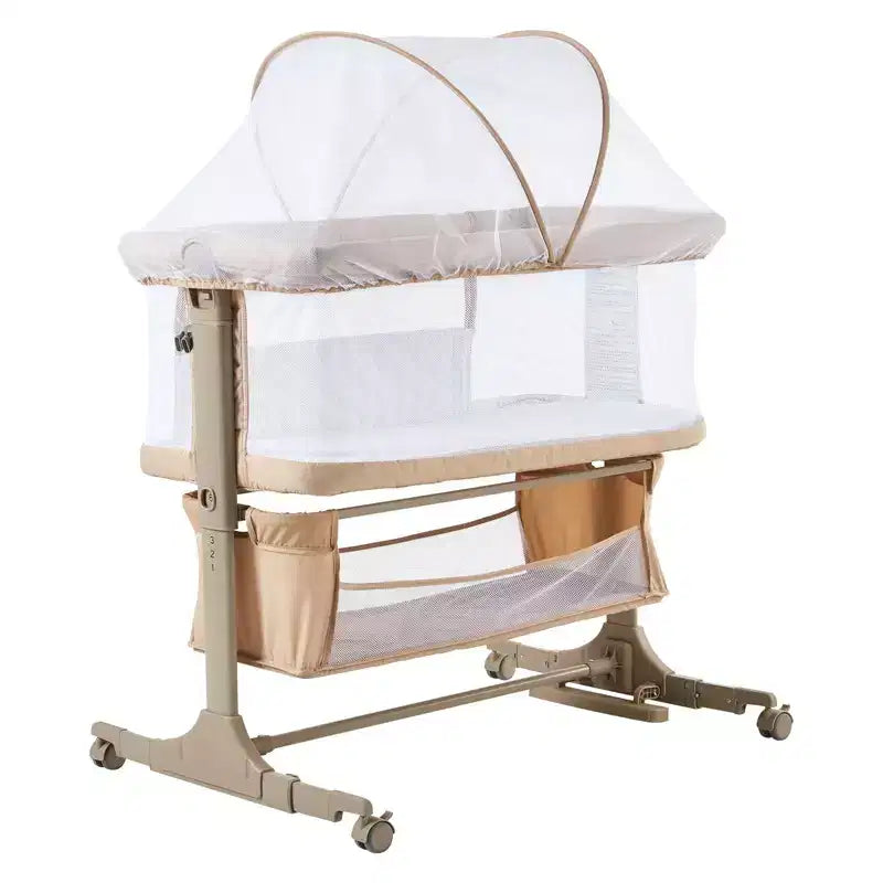 Culla da comodino, 3 in 1 Culla co-sleeping con zanzariera, Altezza regolabile, Ruote e Cesto portaoggetti