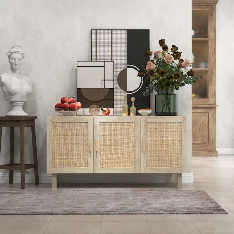 Credenza buffet, mobile da cucina, mobile bar per caffè con 3 ante in rattan e ripiani regolabili, finitura naturale mista