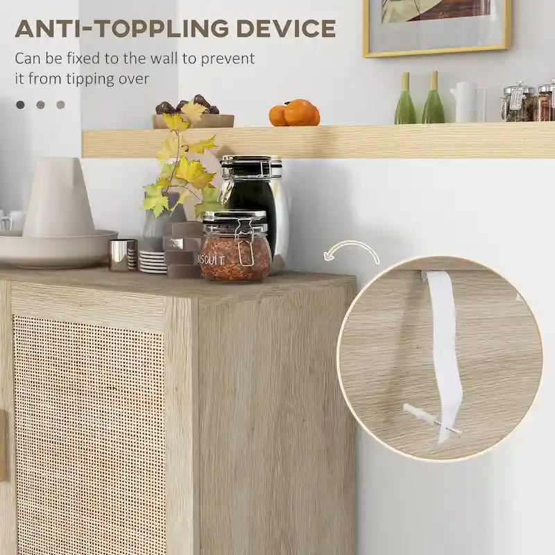 Credenza buffet, mobile da cucina, mobile bar per caffè con 3 ante in rattan e ripiani regolabili, finitura naturale mista