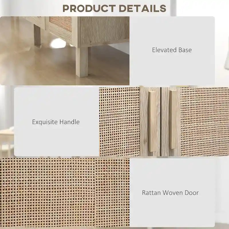Credenza buffet, mobile da cucina, mobile bar per caffè con 3 ante in rattan e ripiani regolabili, finitura naturale mista