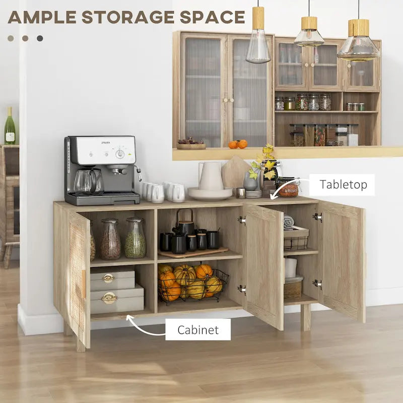 Credenza buffet, mobile da cucina, mobile bar per caffè con 3 ante in rattan e ripiani regolabili, finitura naturale mista