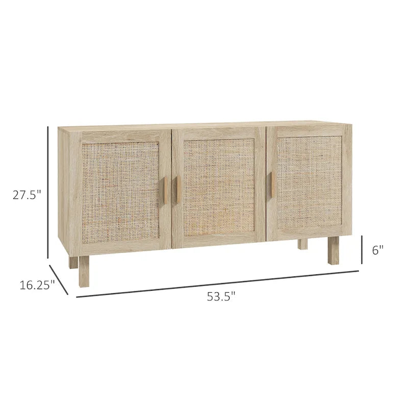 Credenza buffet, mobile da cucina, mobile bar per caffè con 3 ante in rattan e ripiani regolabili, finitura naturale mista