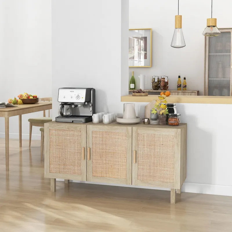 Credenza buffet, mobile da cucina, mobile bar per caffè con 3 ante in rattan e ripiani regolabili, finitura naturale mista
