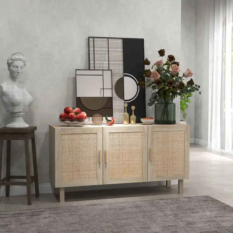 Credenza buffet, mobile da cucina, mobile bar per caffè con 3 ante in rattan e ripiani regolabili, finitura naturale mista