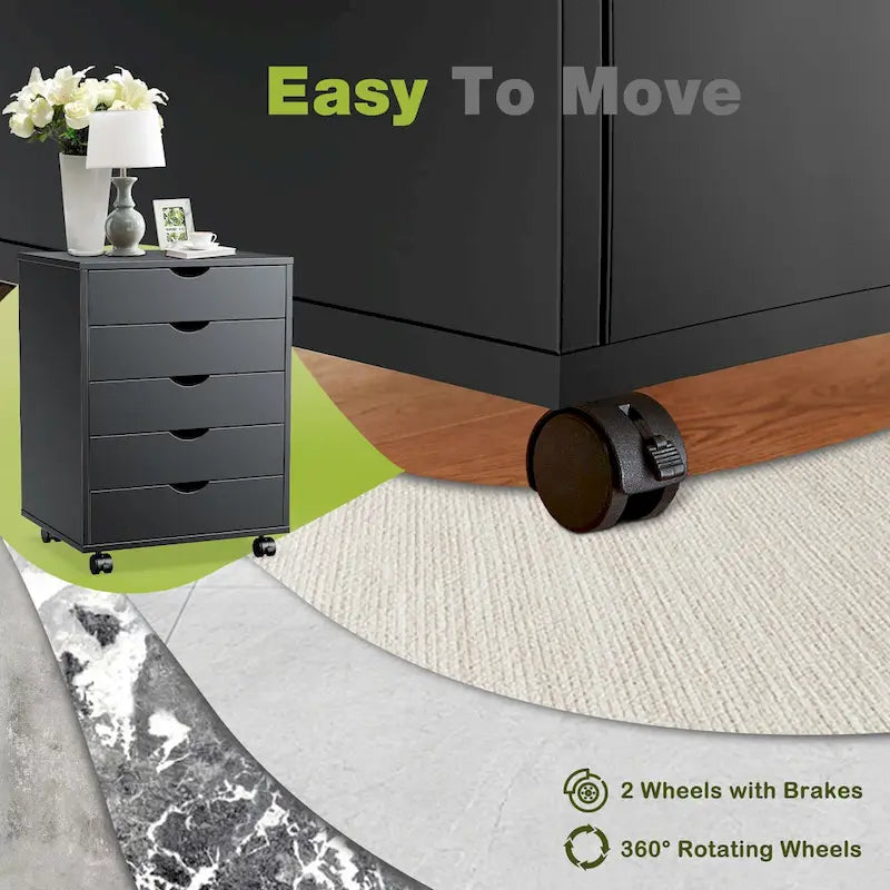 Schedario mobile a 5 cassetti, cassettiera verticale in legno con 4 ruote, organizer scorrevole sotto la scrivania