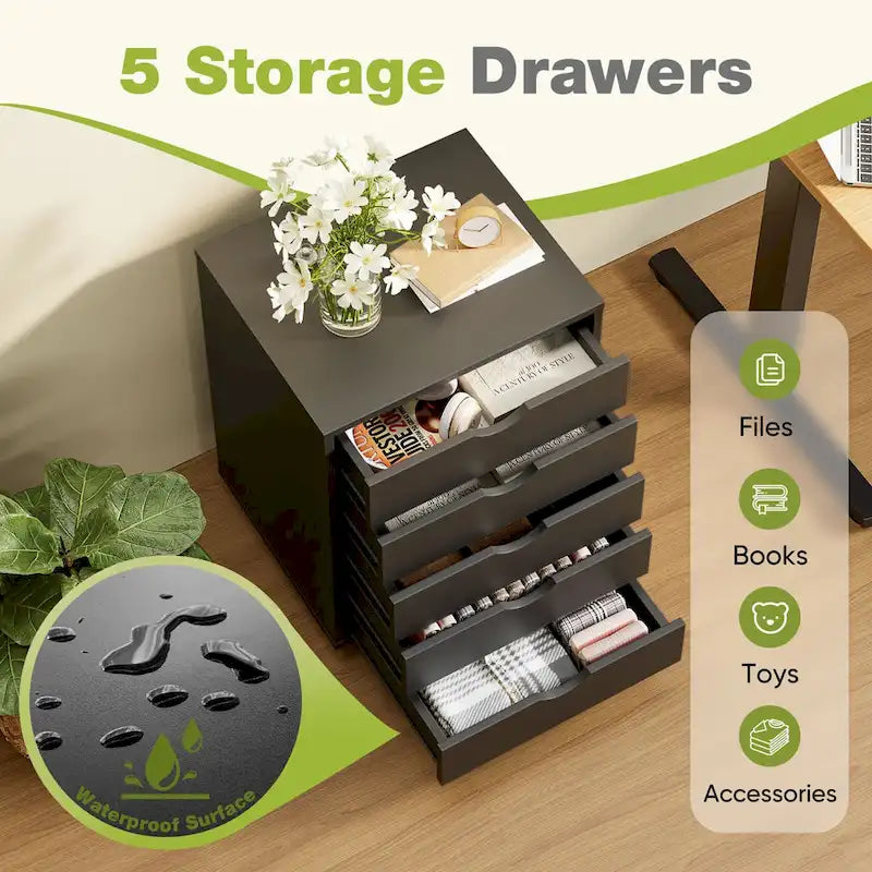 Schedario mobile a 5 cassetti, cassettiera verticale in legno con 4 ruote, organizer scorrevole sotto la scrivania