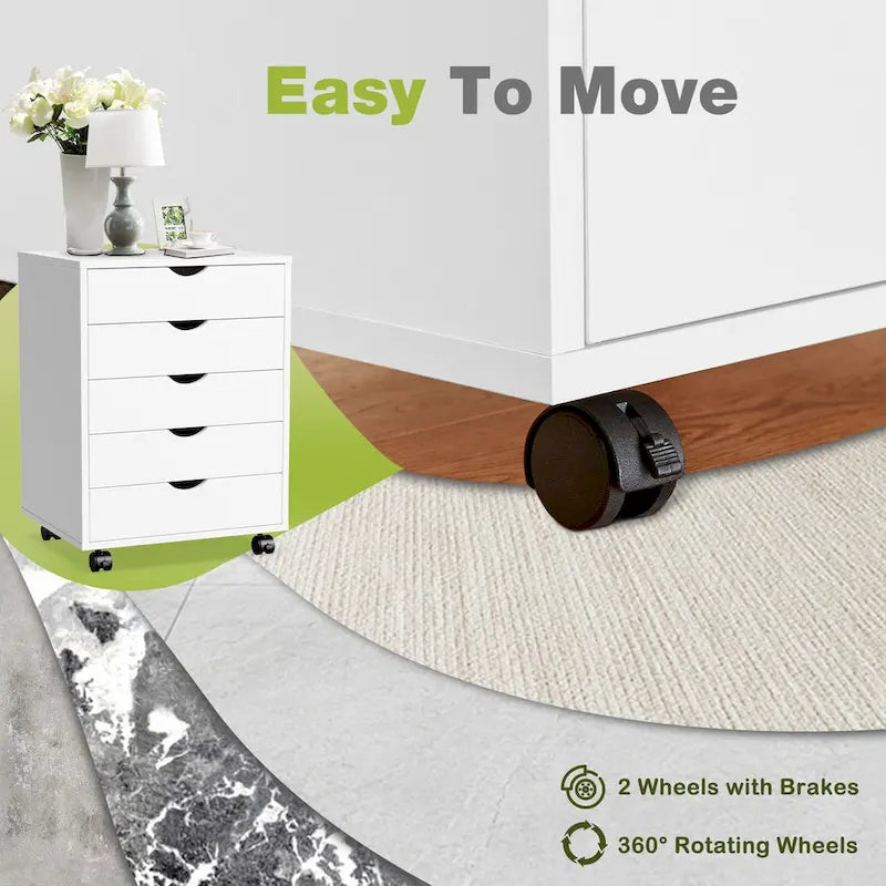 Schedario mobile a 5 cassetti, cassettiera verticale in legno con 4 ruote, organizer scorrevole sotto la scrivania