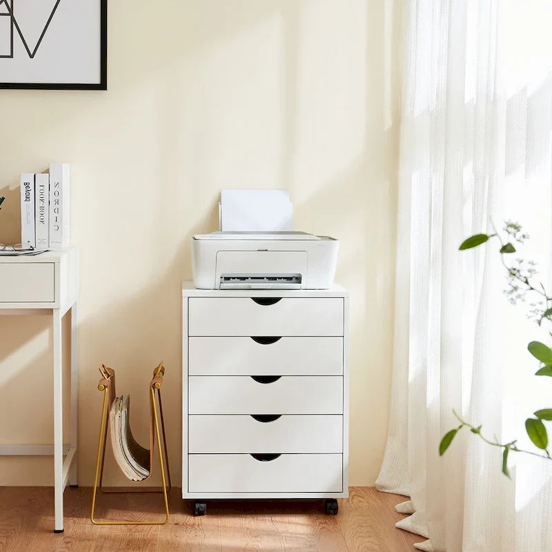 Schedario mobile a 5 cassetti, cassettiera verticale in legno con 4 ruote, organizer scorrevole sotto la scrivania