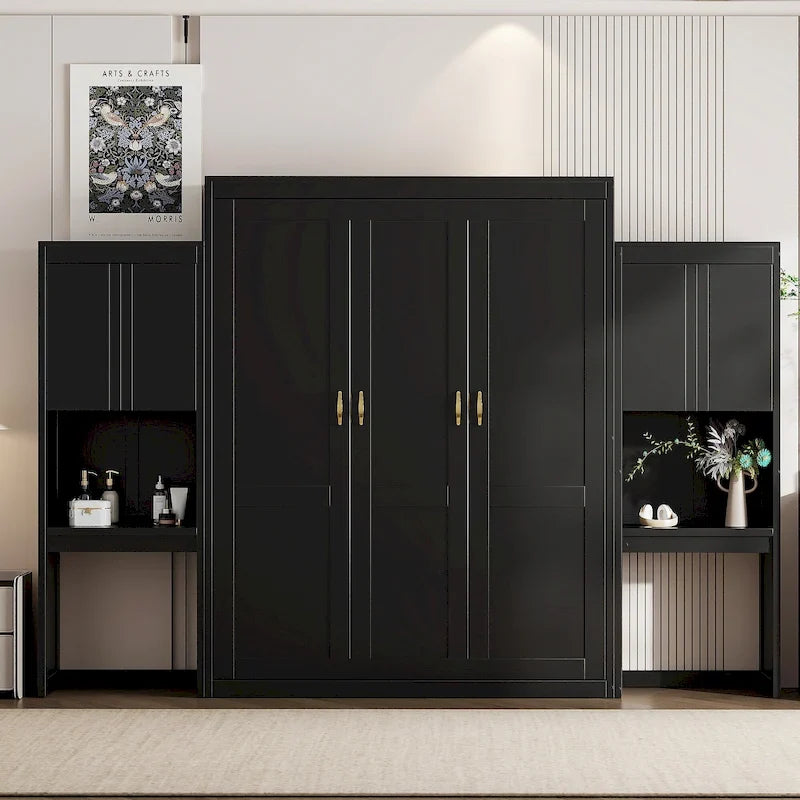 All-in-One-Schrankbett mit Schreibtisch, Schminktisch und Kleiderschrank, klappbares Queensize-Bett