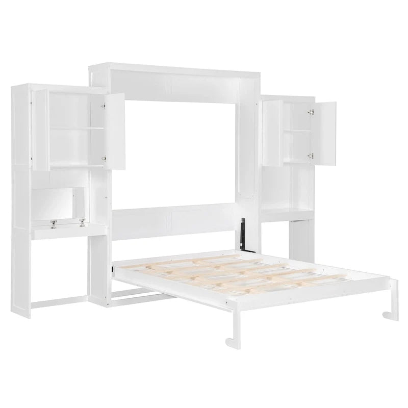 All-in-One-Schrankbett mit Schreibtisch, Schminktisch und Kleiderschrank, klappbares Queensize-Bett