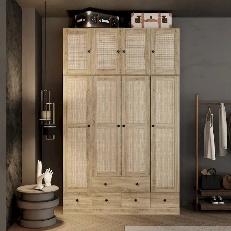 Natural Charm Wooden Armoire - Breathable Rattan Design Ample Storage