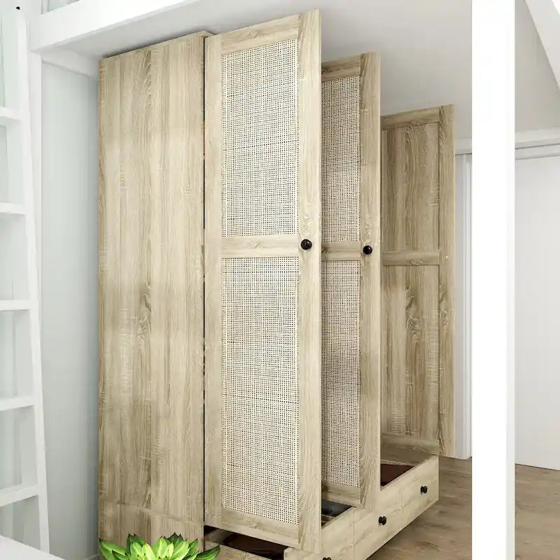 Natural Charm Wooden Armoire - Breathable Rattan Design Ample Storage