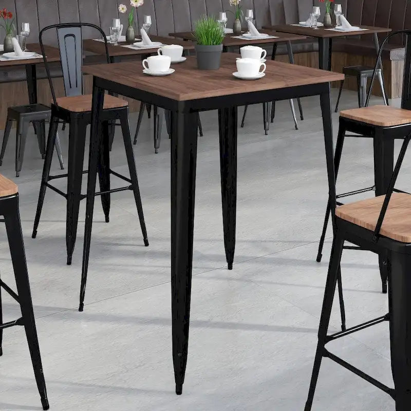 Quadratischer Metalltisch in Barhöhe für den Innenbereich mit rustikaler Holzplatte - 31.5W x 31.5D x 42H - 31.5W x 31.5D x 42H