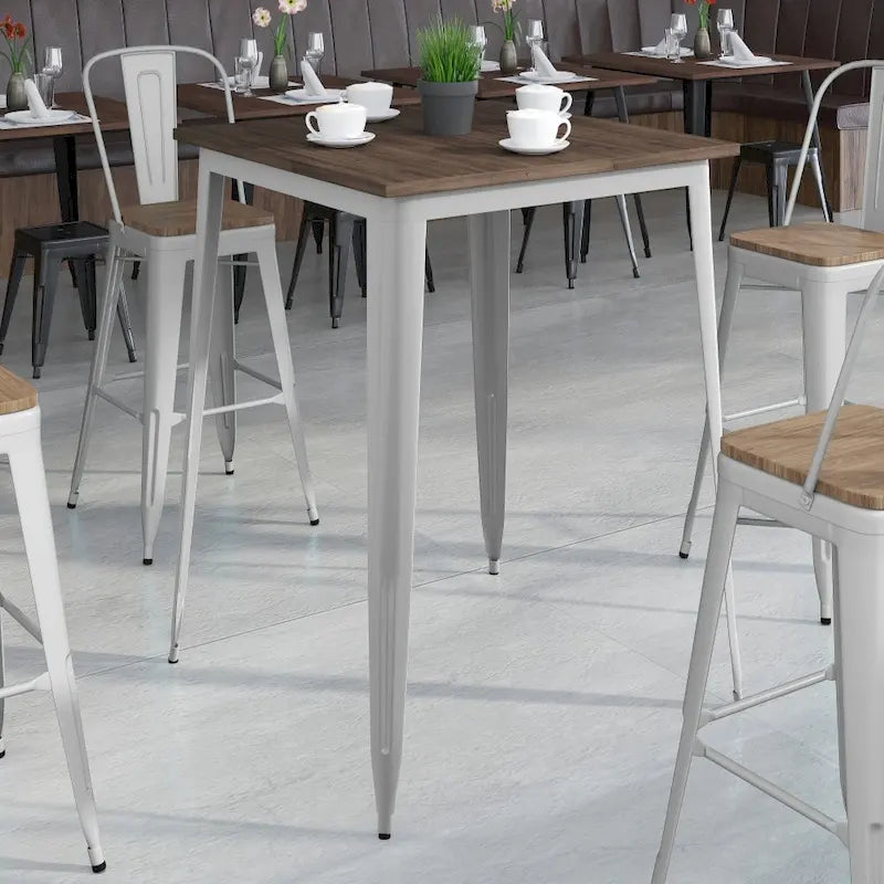 Quadratischer Metalltisch in Barhöhe für den Innenbereich mit rustikaler Holzplatte - 31.5W x 31.5D x 42H - 31.5W x 31.5D x 42H