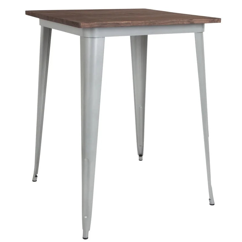 Quadratischer Metalltisch in Barhöhe für den Innenbereich mit rustikaler Holzplatte - 31.5W x 31.5D x 42H - 31.5W x 31.5D x 42H
