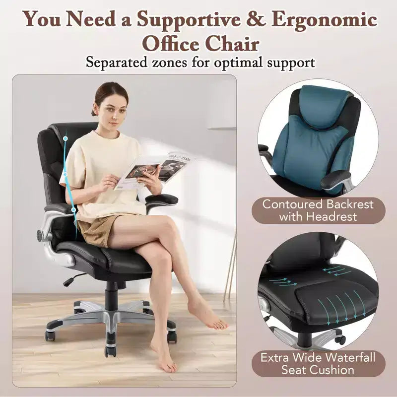 Sedia da ufficio ergonomica in pelle PU direzionale girevole con braccioli ribaltabili Marrone/Bianco/Nero
