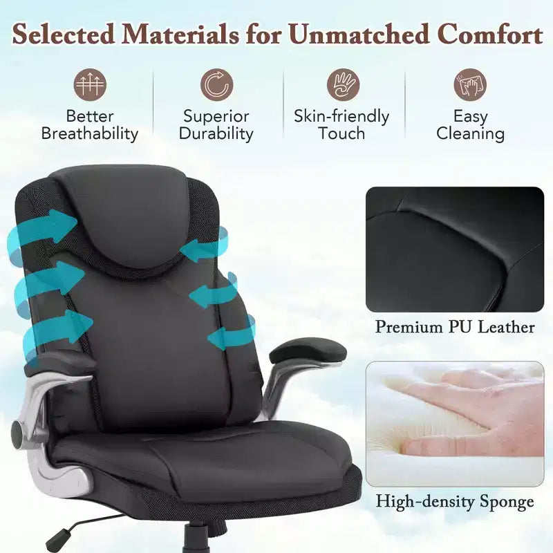 Sedia da ufficio ergonomica in pelle PU direzionale girevole con braccioli ribaltabili Marrone/Bianco/Nero
