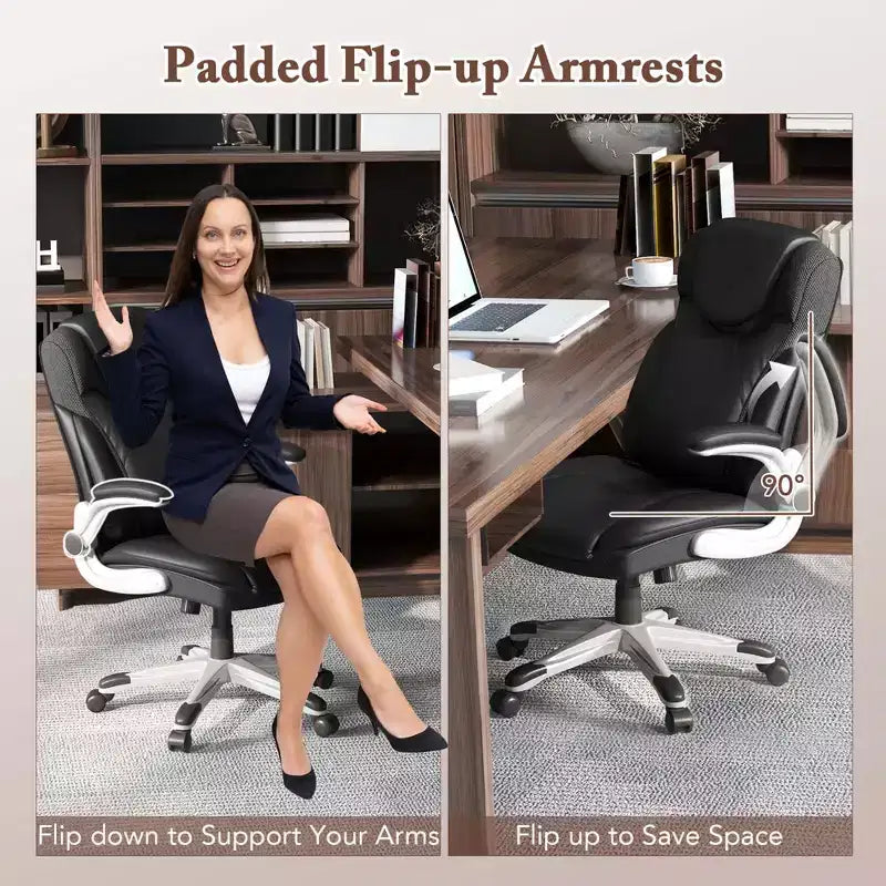 Sedia da ufficio ergonomica in pelle PU direzionale girevole con braccioli ribaltabili Marrone/Bianco/Nero
