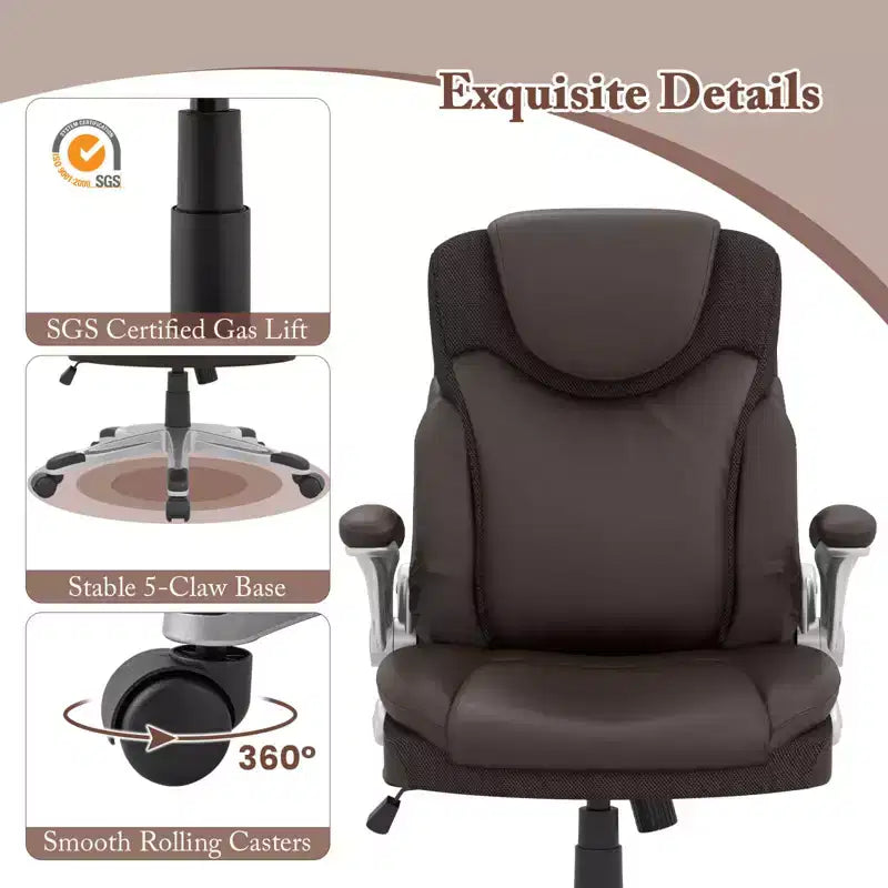 Sedia da ufficio ergonomica in pelle PU direzionale girevole con braccioli ribaltabili Marrone/Bianco/Nero