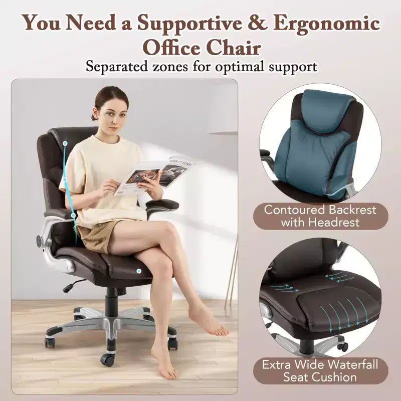 Sedia da ufficio ergonomica in pelle PU direzionale girevole con braccioli ribaltabili Marrone/Bianco/Nero